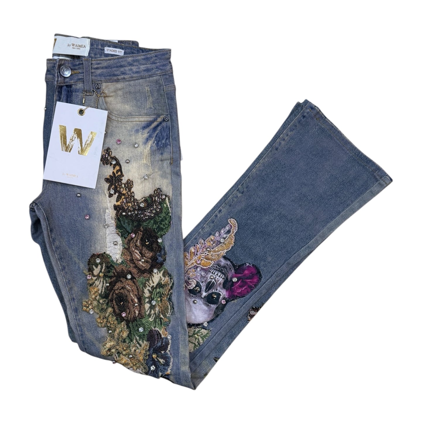 M8597D - Floral Embroidery & Skull with Multicolor Studs Stacked Flare Jeans