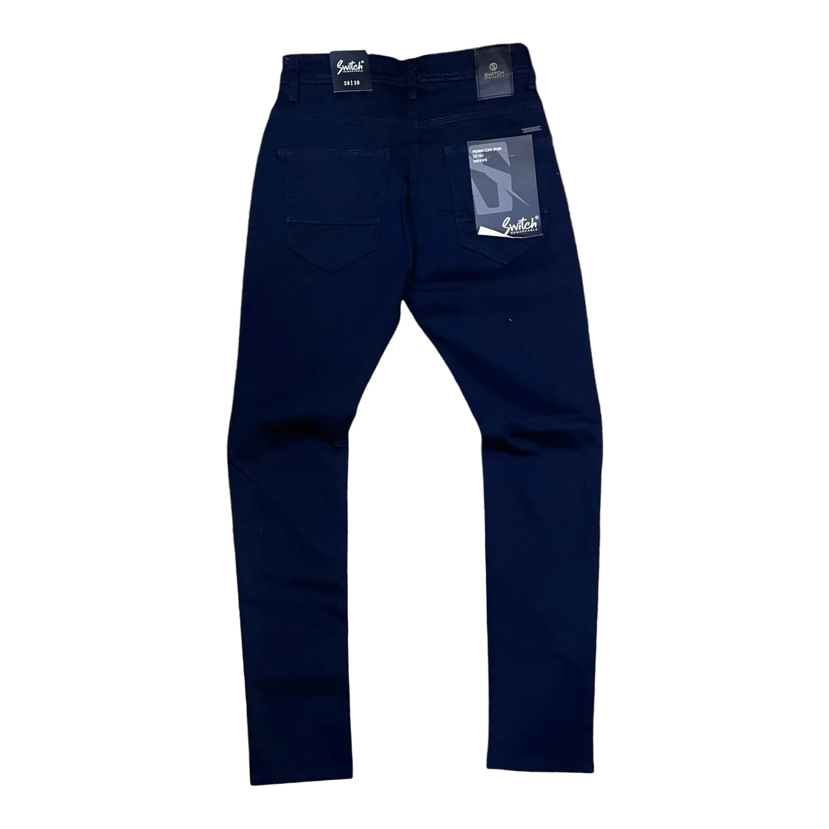 Back view of Switch navy blue slim-fit stretch pants with a tag attached.