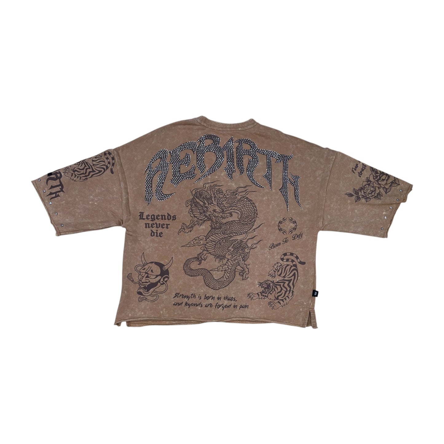 WH-SM6140 - Rebirth with Studs n Rhinestone Cropped Top Graphic T-Shirt