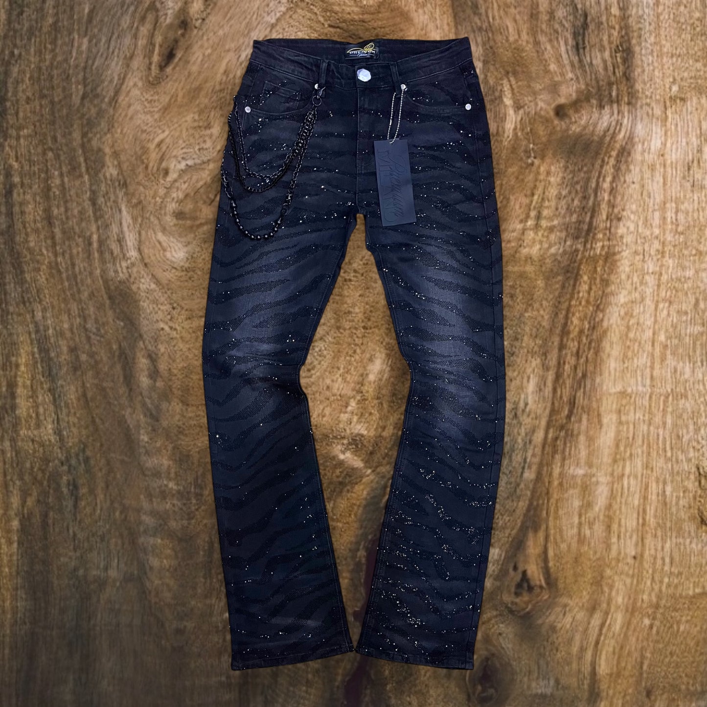 PM004F25-100 - Tiger Strip F&B Rhinestone Stacked Flare Jeans