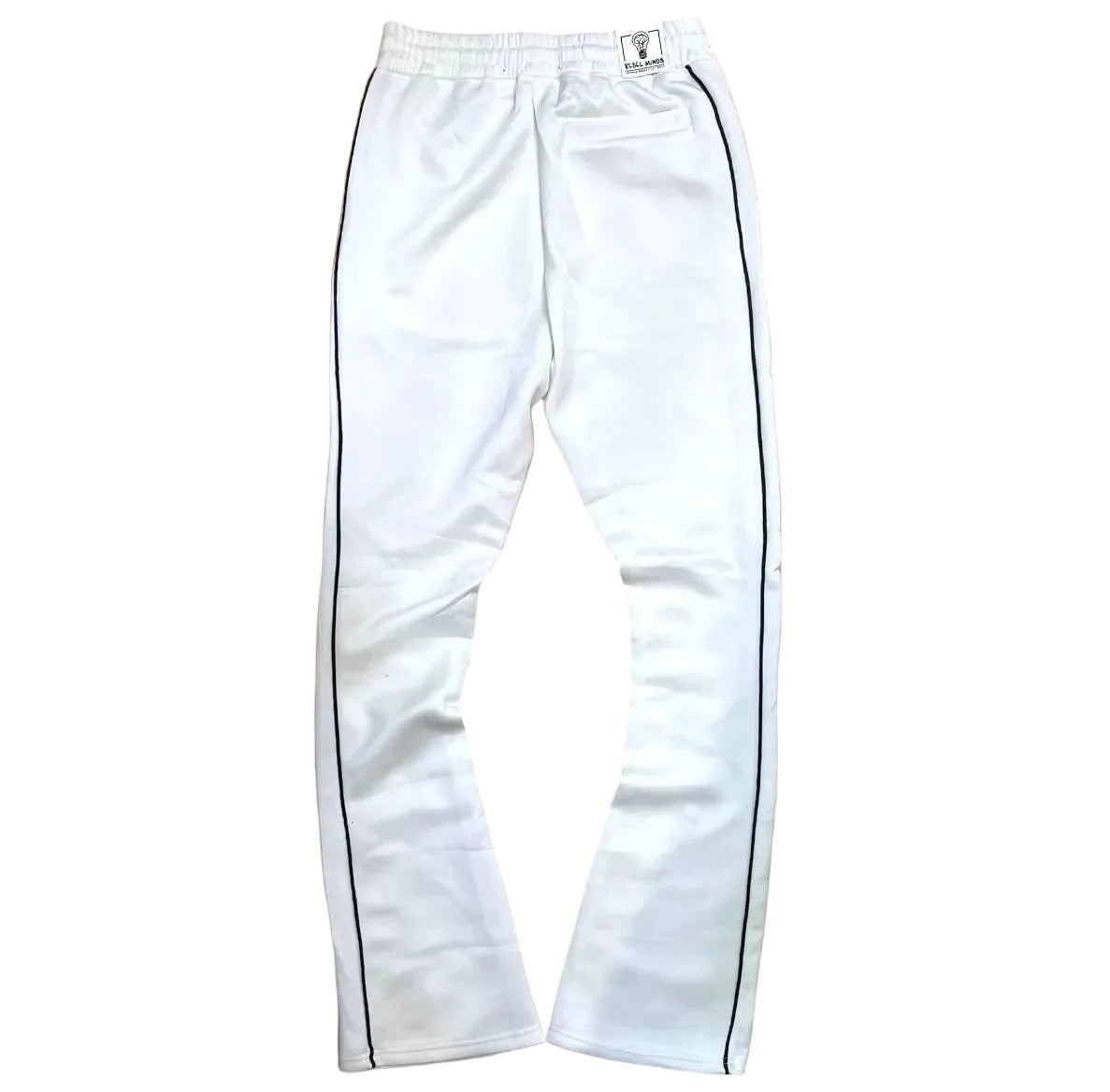 Rebel Minds / Ringspun white stacked fit track pants with black side stripes and drawstring.