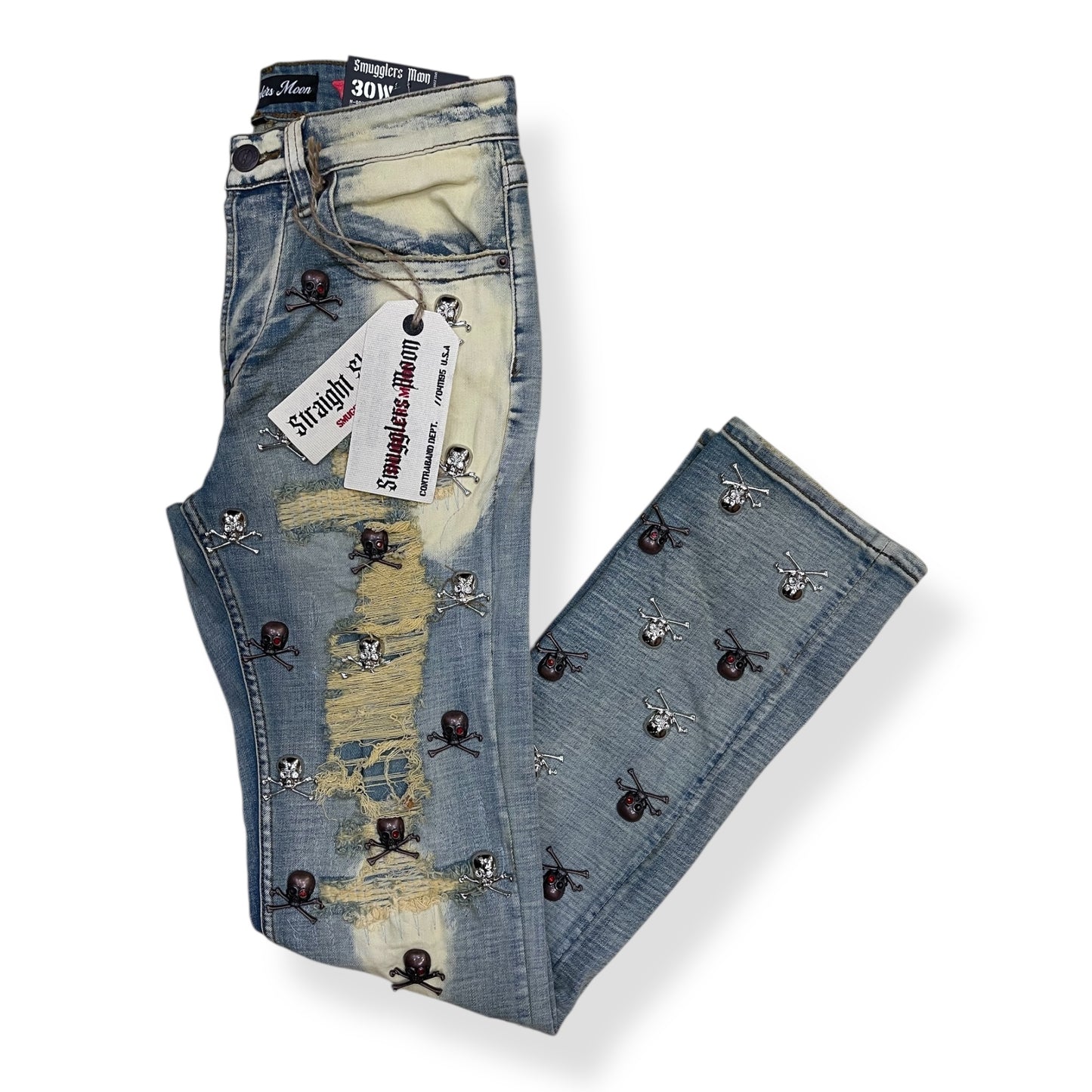 SM-WB-5670 - Skulls Studded Rip n Repair Skinny Straight-Fit Stretch Jeans