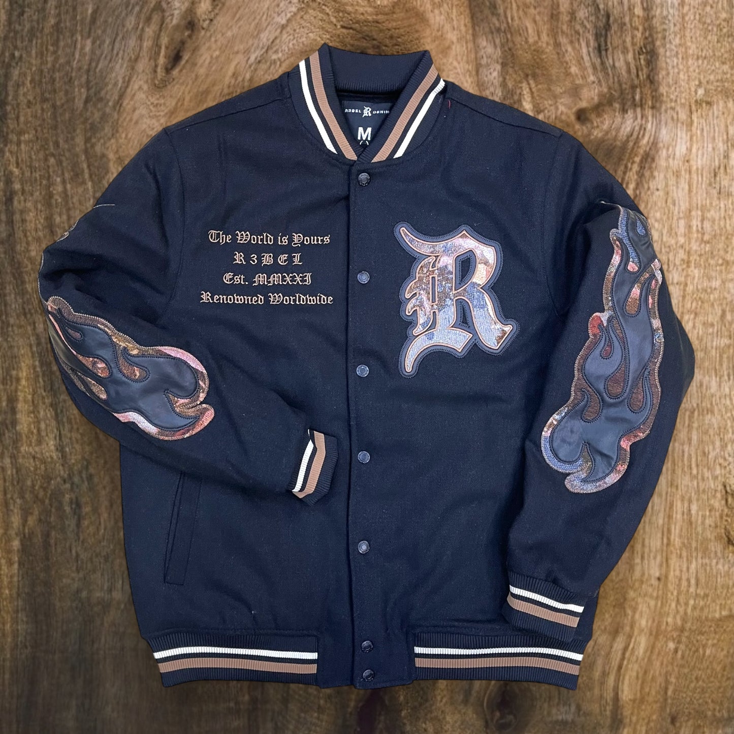 642-551 - R3bel "The World is Yours " Tapestry Patch Varsity Jacket