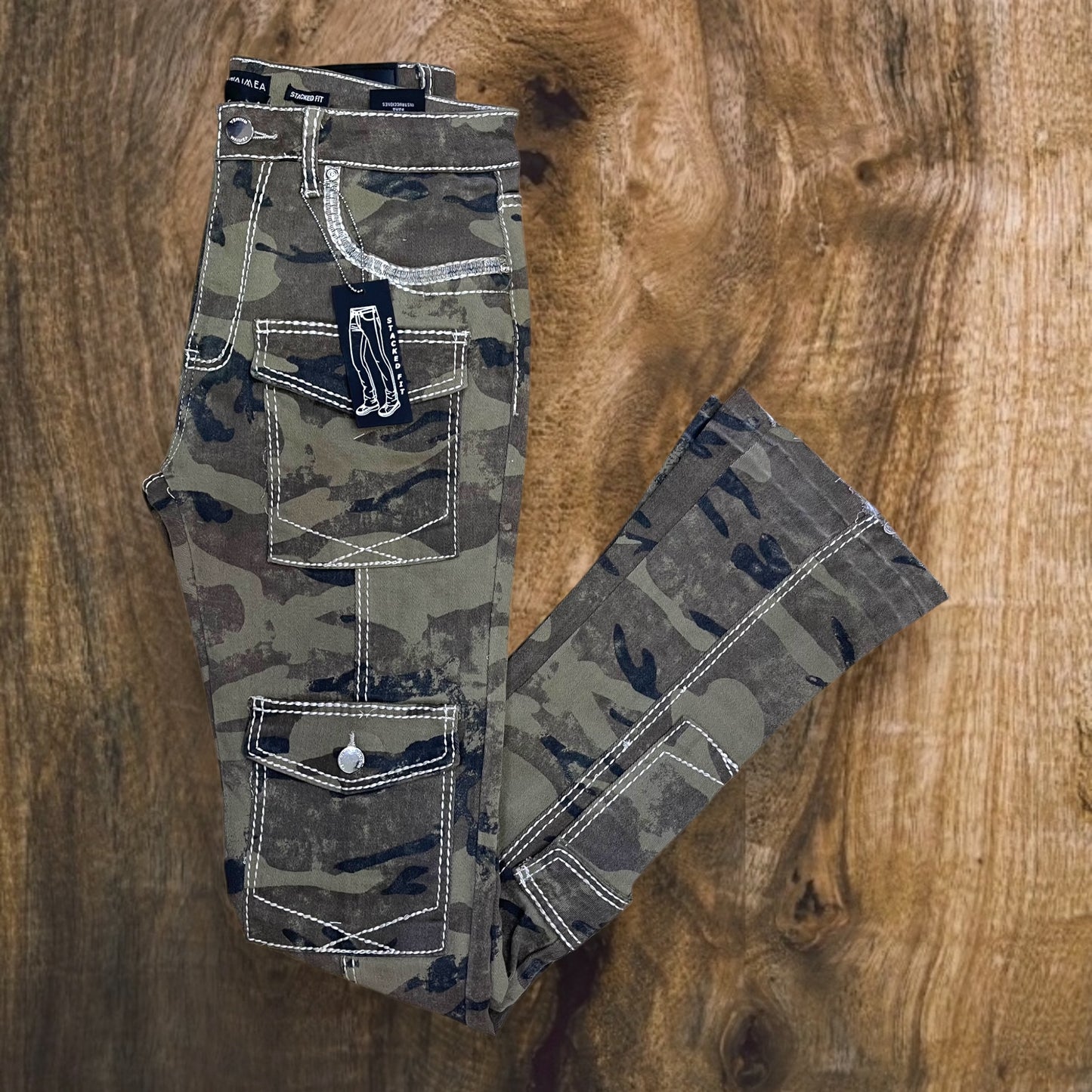 M8268T - Men's Camo Stacked Flare Jeans with Cargo Pockets
