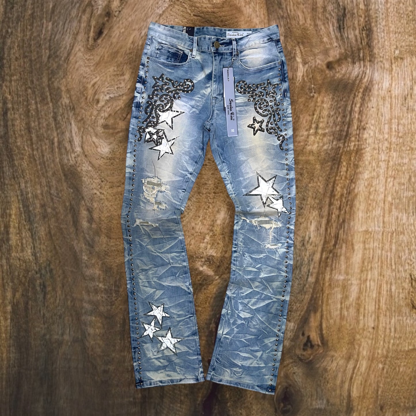 JP25128 - Stars Printed with Studs Backing Twill Flare Stacked Jeans
