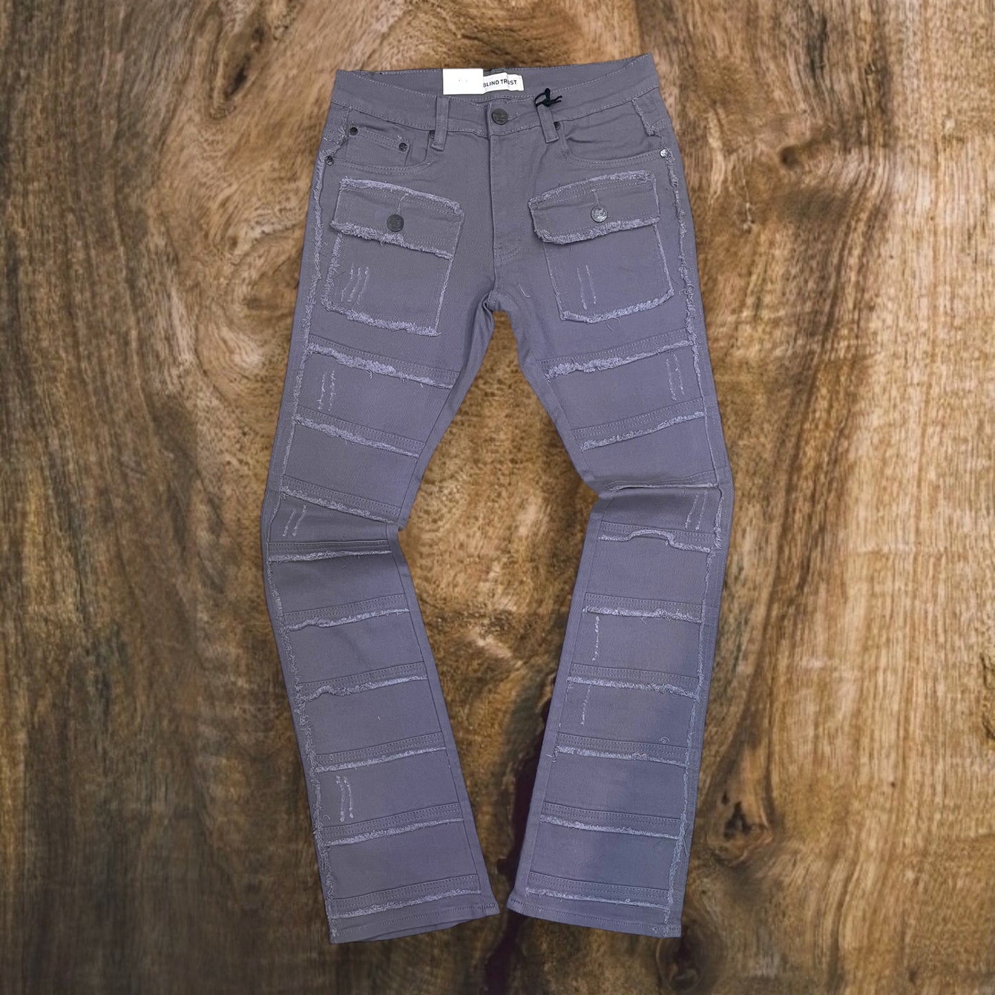 BTP24858 - Frayed Cargo Pocket Stacked Jeans