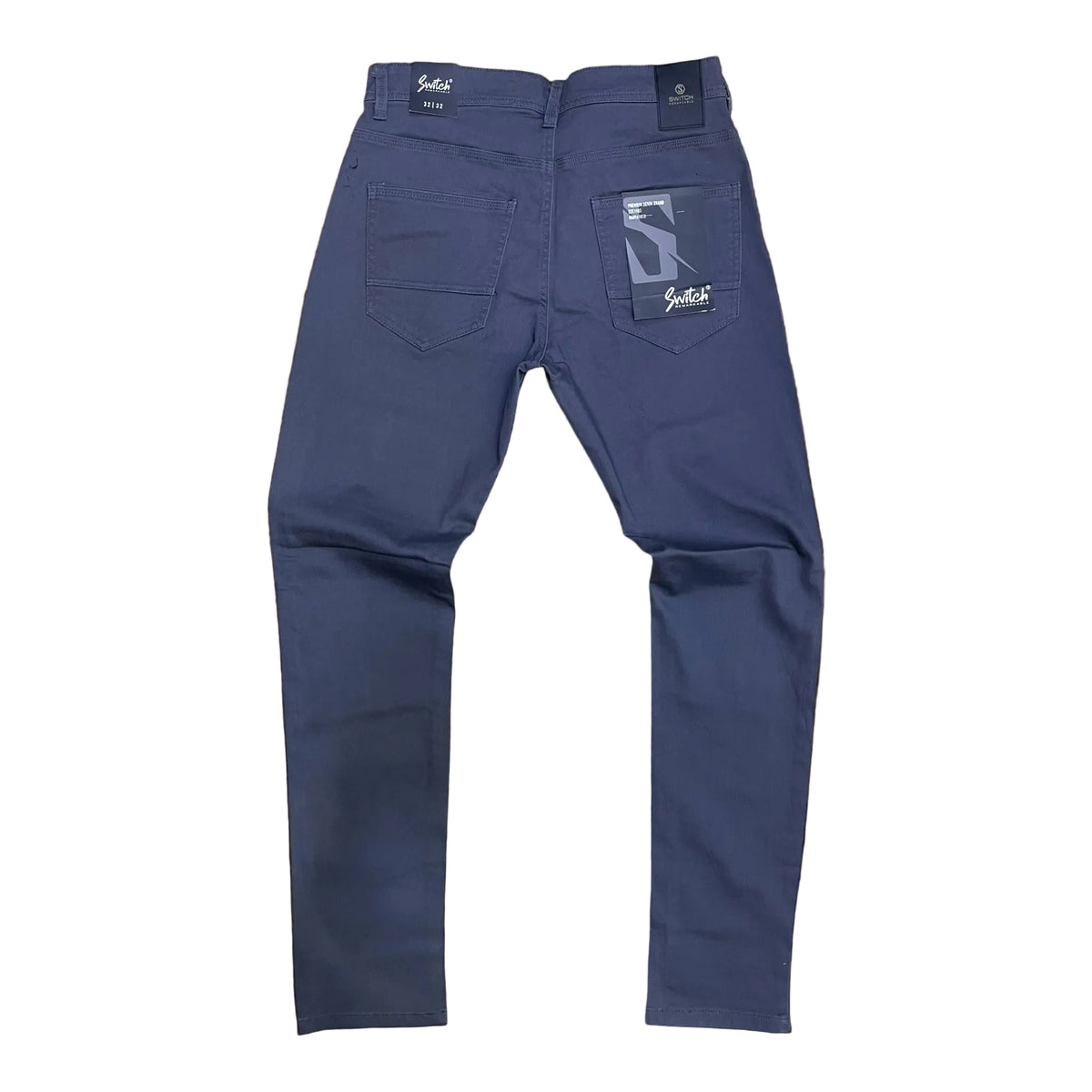 Back view of Switch blue span twill casual slim-fit stretch pants