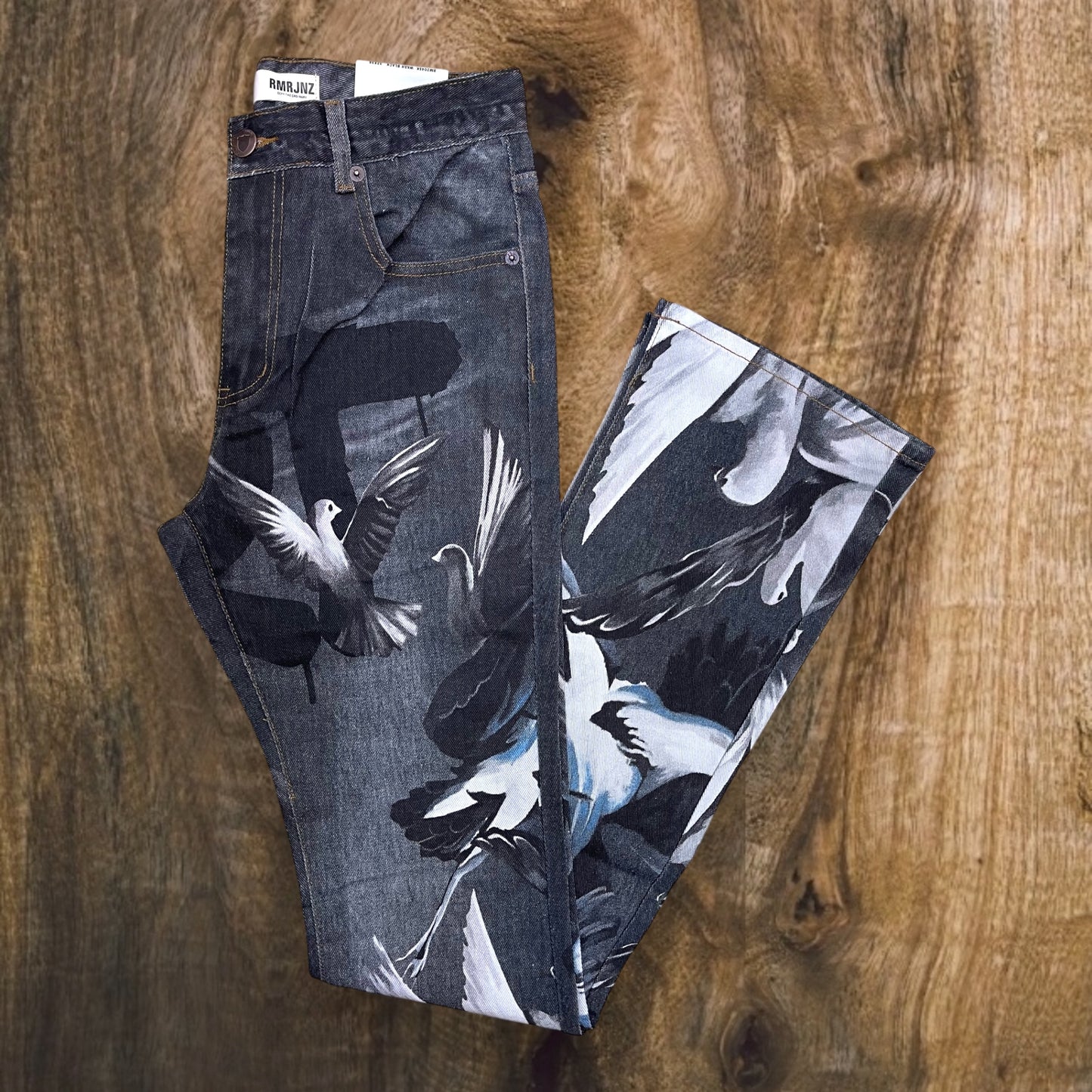 RM204SK - Digital Graphic Print Stretchable Stacked Flared Light Weight Denim