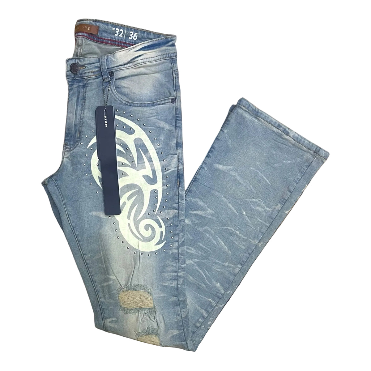 P545 - Tribal Flock with Studs Stretchable Stacked Flared Jeans