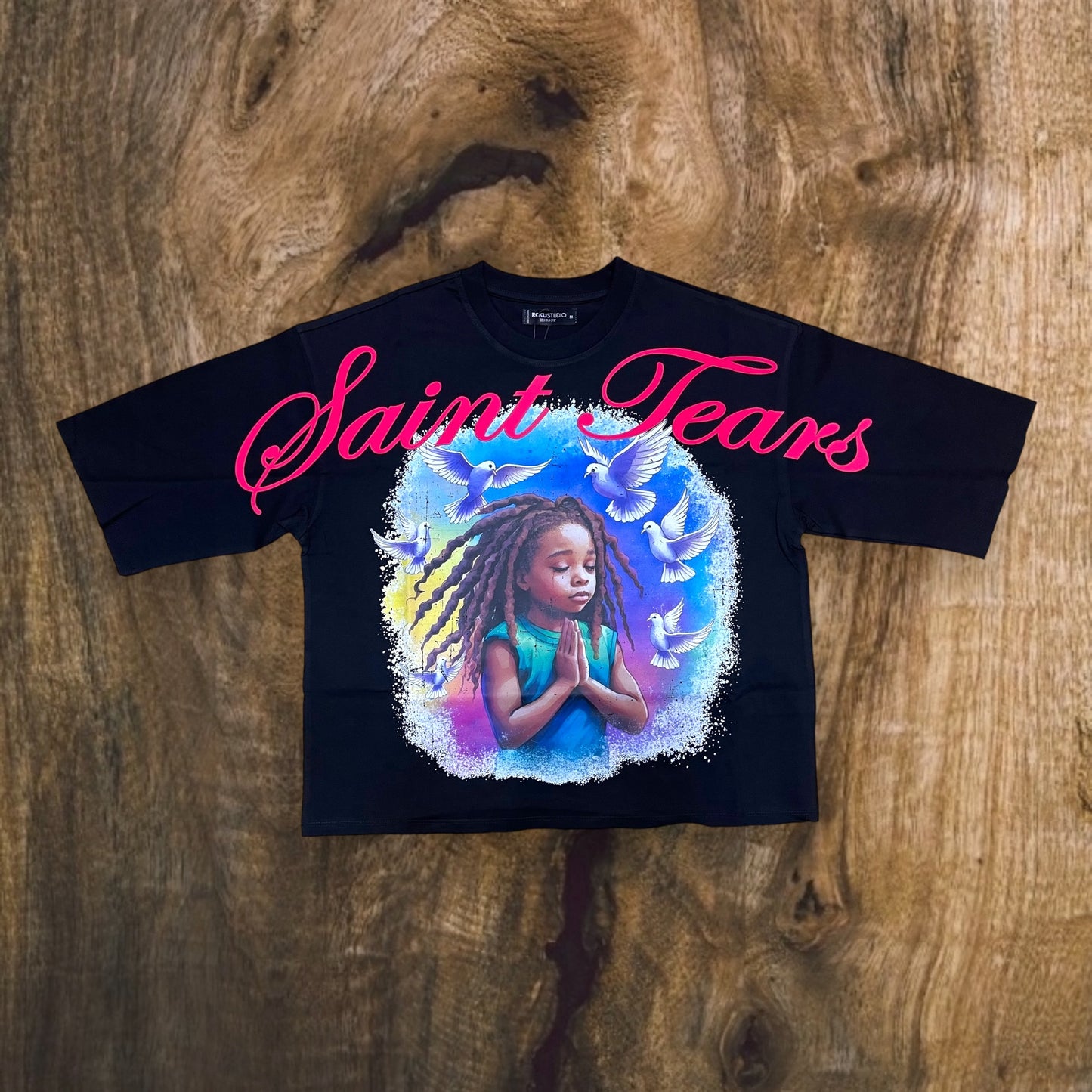 RK1481590 - Saint Tears Cropped Drop Shoulder Graphic T-Shirt (Black)