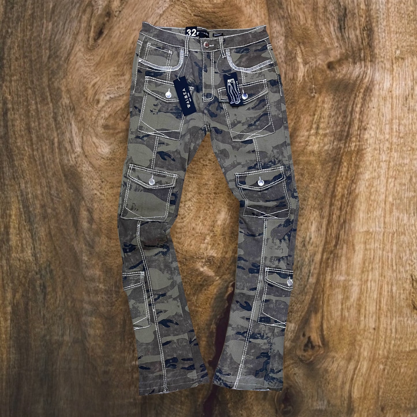 M8268T - Men's Camo Stacked Flare Jeans with Cargo Pockets