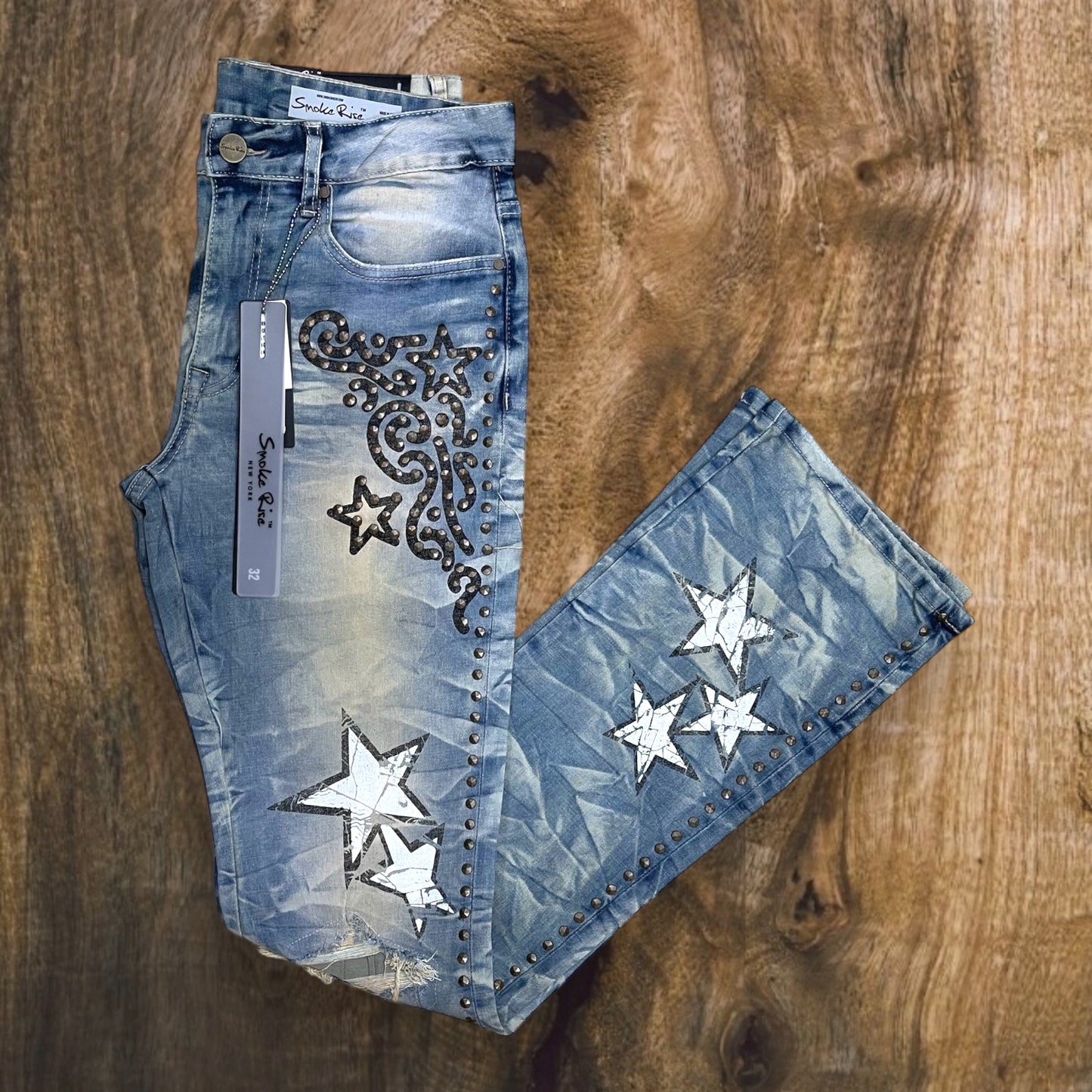 JP25128 - Stars Printed with Studs Backing Twill Flare Stacked Jeans