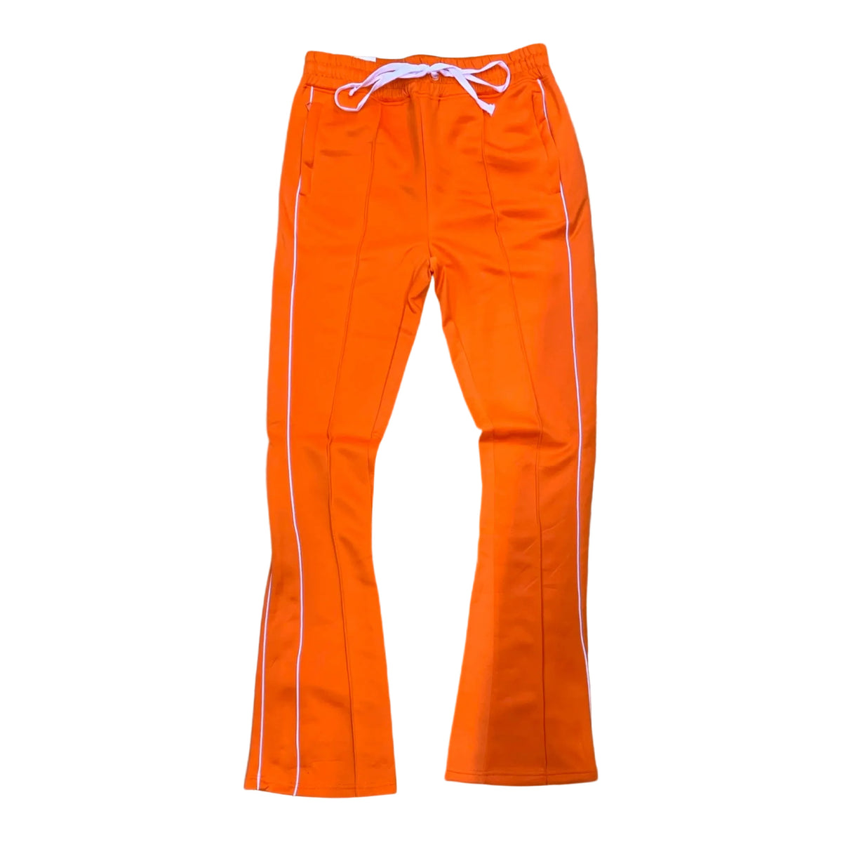 Rebel Minds / Ringspun orange stacked fit track pants with white side stripes and drawstring.