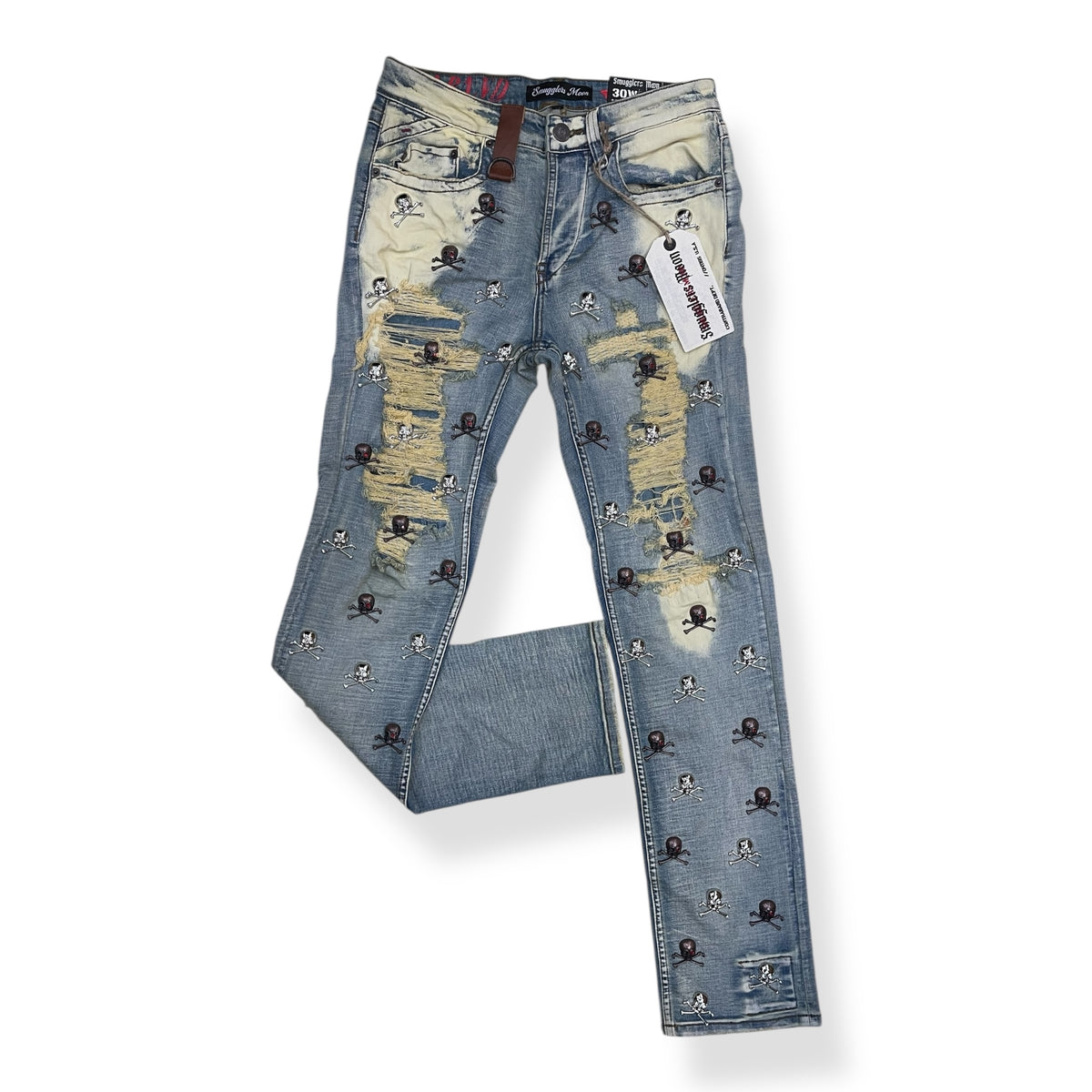 SM-WB-5670 - Skulls Studded Rip n Repair Skinny Straight-Fit Stretch Jeans