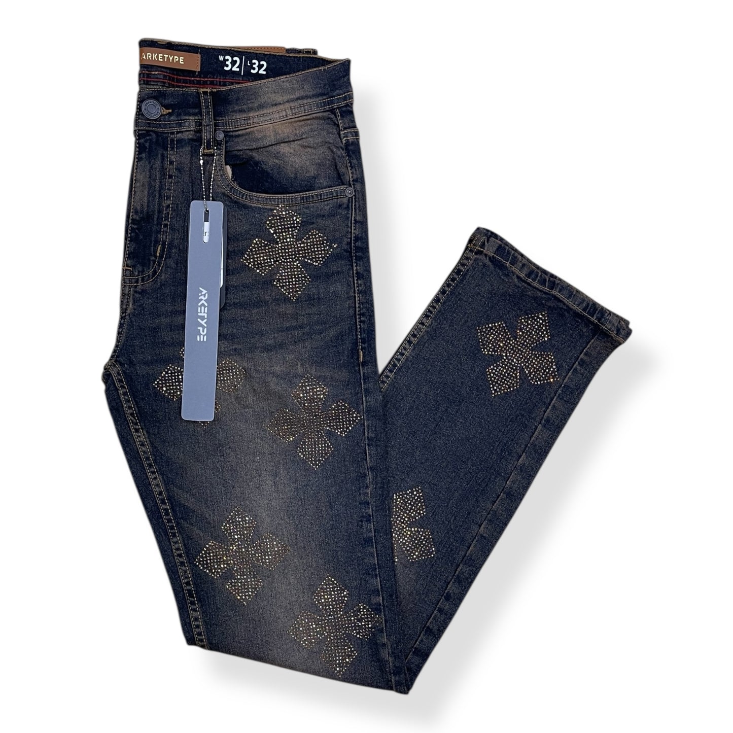 P553 - Cross Pattern Rhinestone Slim Straight-Fit Stretch Jeans