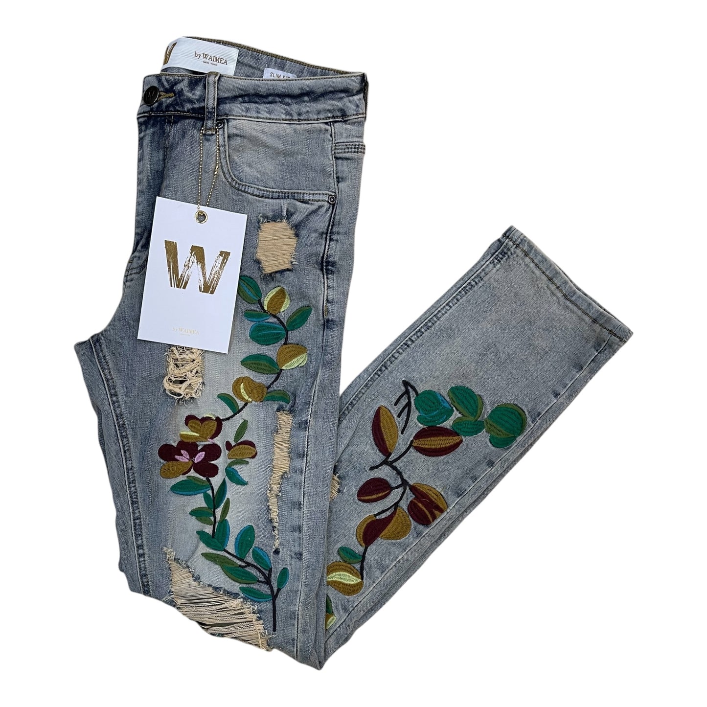 M8745D - Multicolor Leaf Embroidered Slim-Fit Jeans