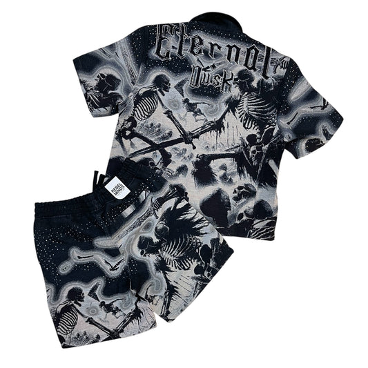 610-12704 - Eternal Dusk with Rhinestone Tapestry Button Down Shirt, Shorts SET