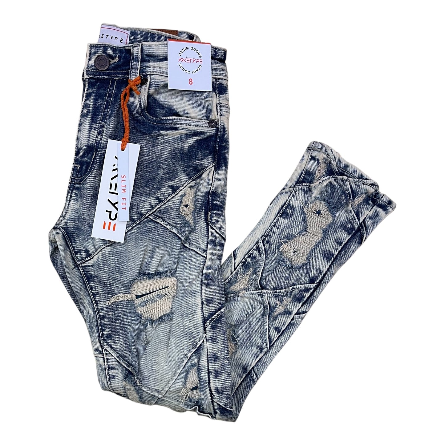 P507K - Boy's/Kids Pleated Edge Ripped Slim-Fit Stretch Jeans