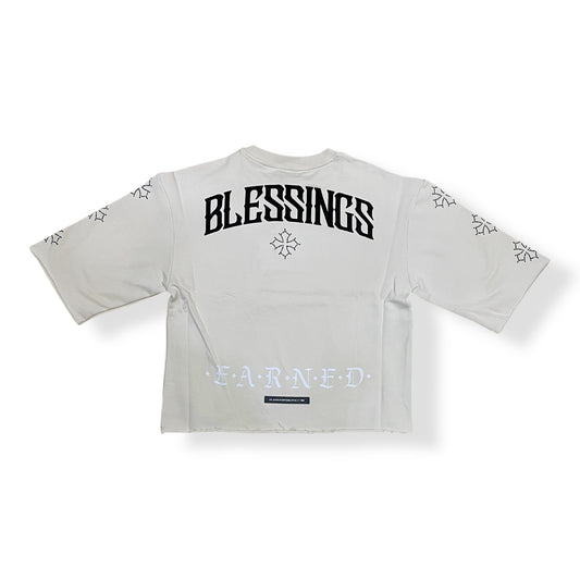 HF5503 - BLESSINGS EARNED 3/4 Sleeve Cropped Top Graphic T-Shirt