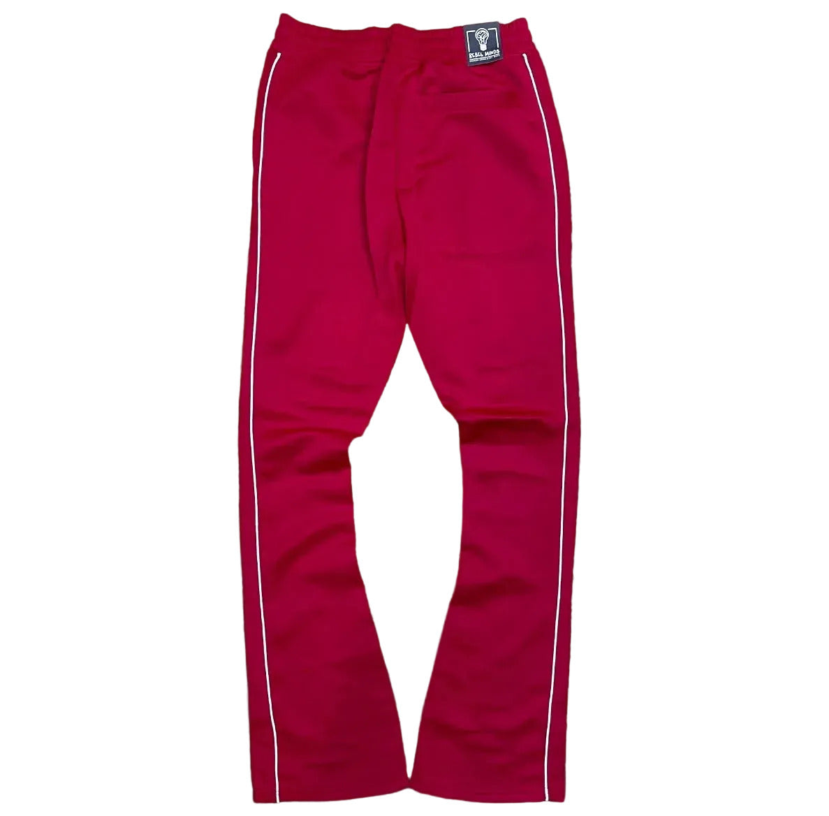 Rebel Minds red track pants with white side stripes and stacked fit