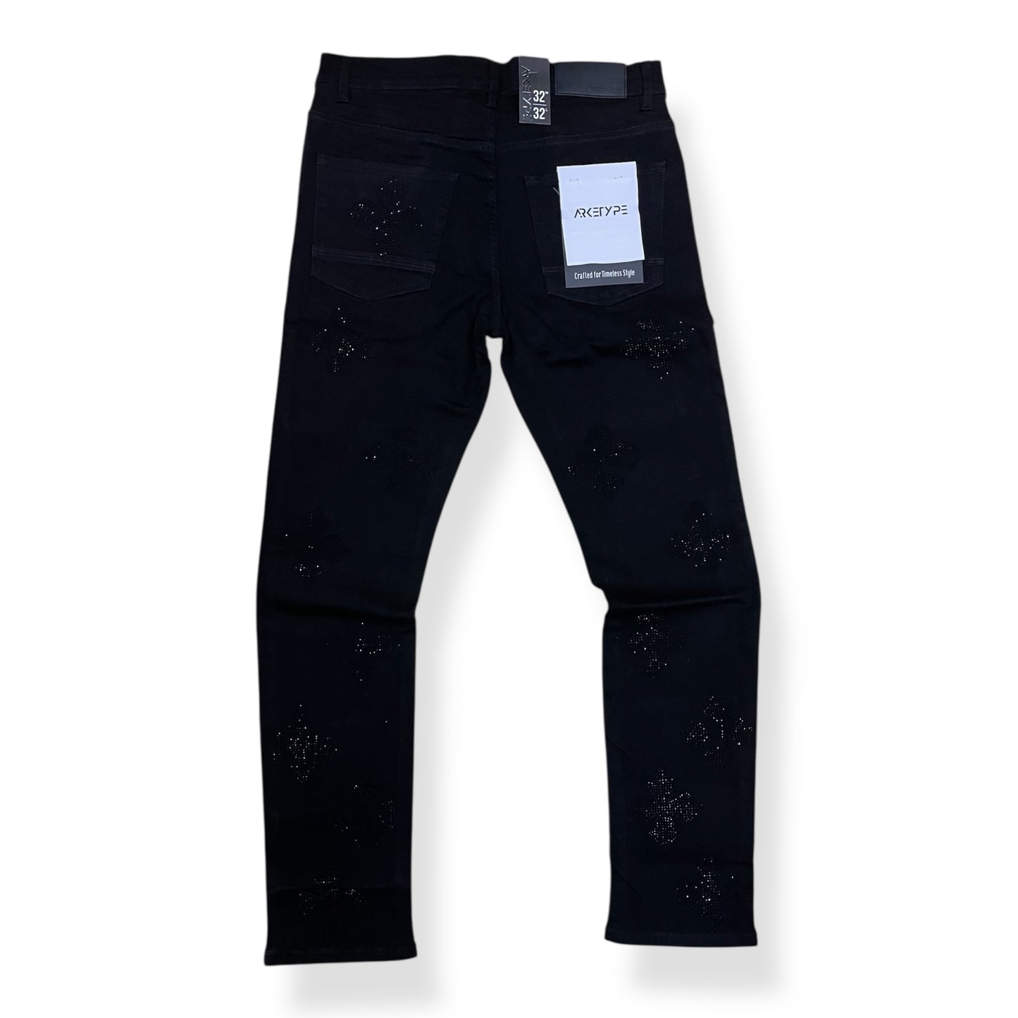 P553 - Cross Pattern Rhinestone Slim Straight-Fit Stretch Jeans