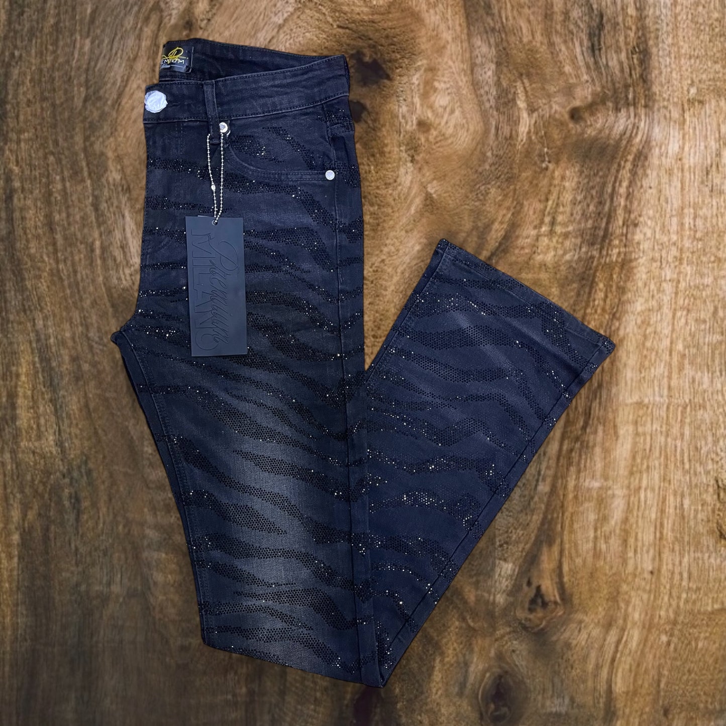 PM004F25-100 - Tiger Strip F&B Rhinestone Stacked Flare Jeans