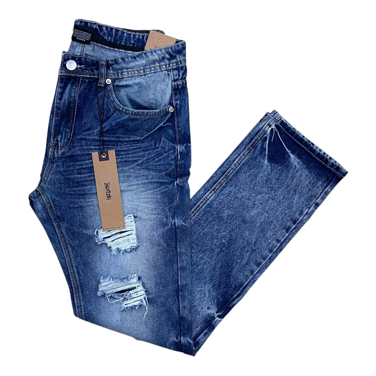 SF4600 - Damage Rip & Repair Denim Slim Straight-Fit Non-Stretch Jeans