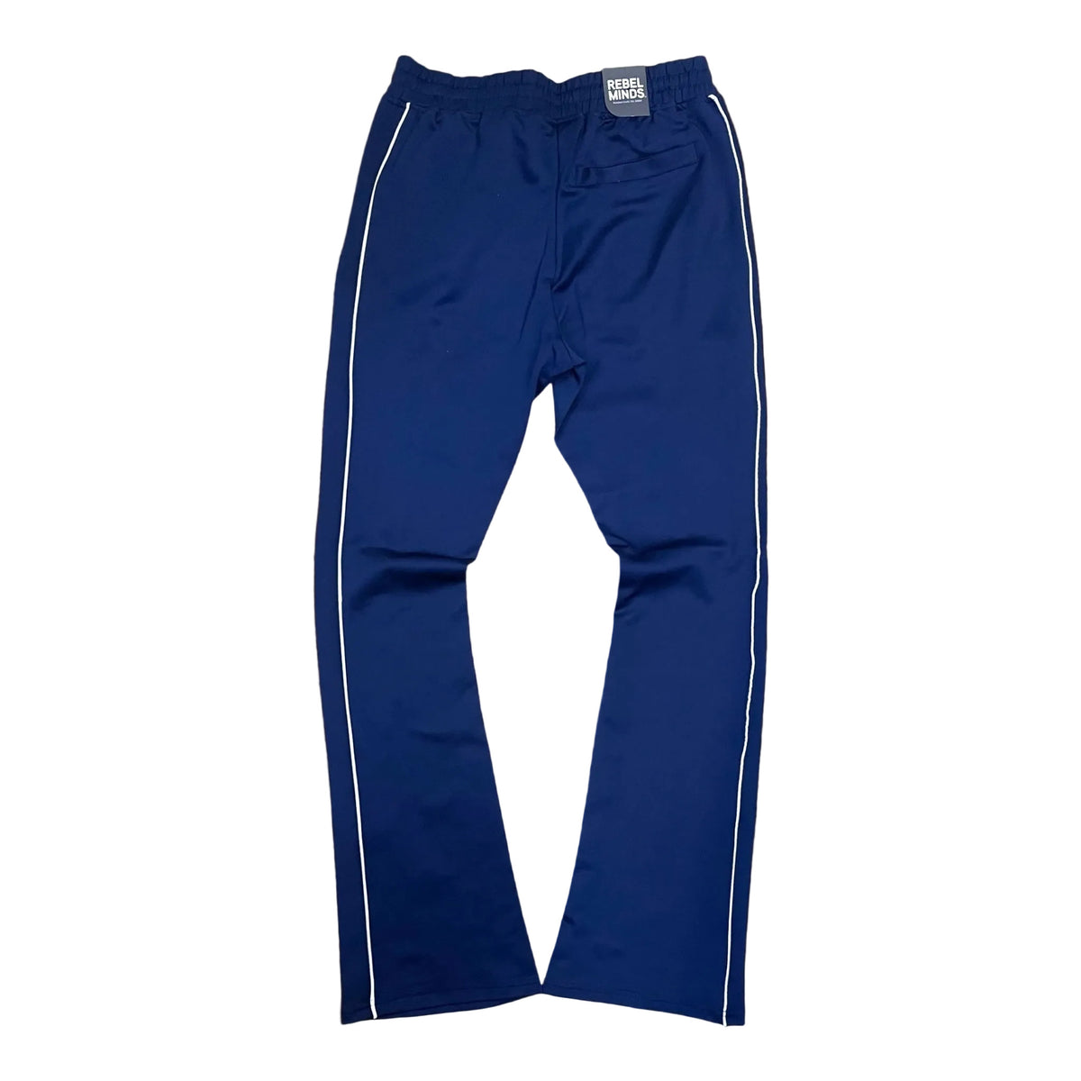 Rebel Minds blue stacked fit track pants with white side stripes.