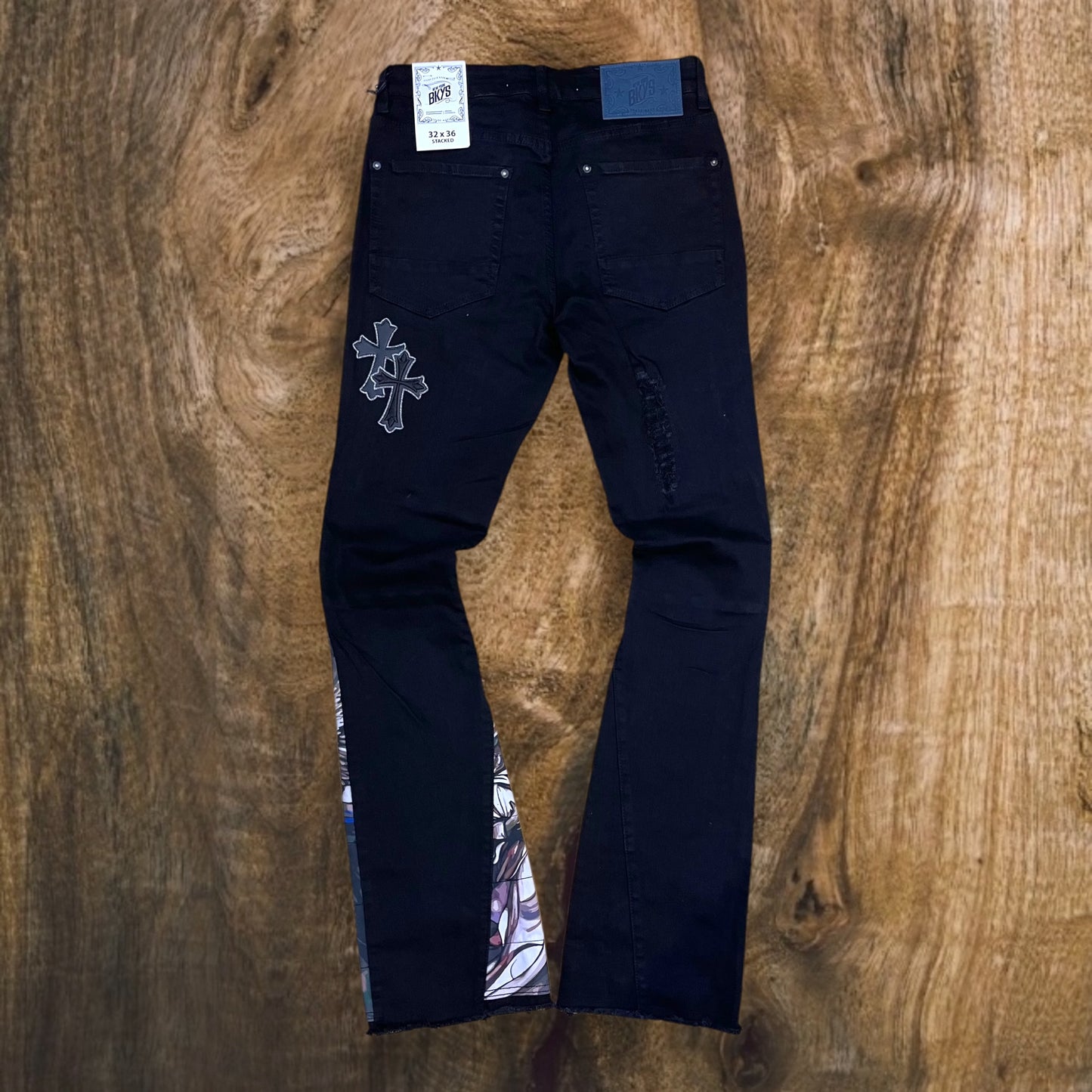 P239 - Satin Applique Stacked Flare Jeans