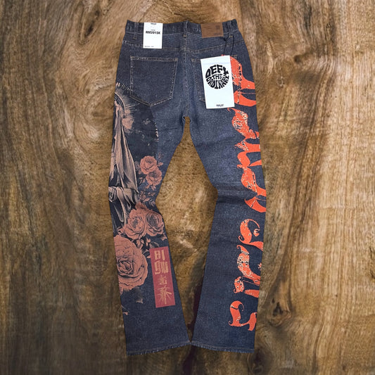 RM201SK - Digital Print Stretchable Stacked Flared Light Weight Denim