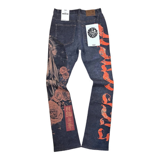 RM201SK - Digital Print Stretchable Stacked Flared Light Weight Denim