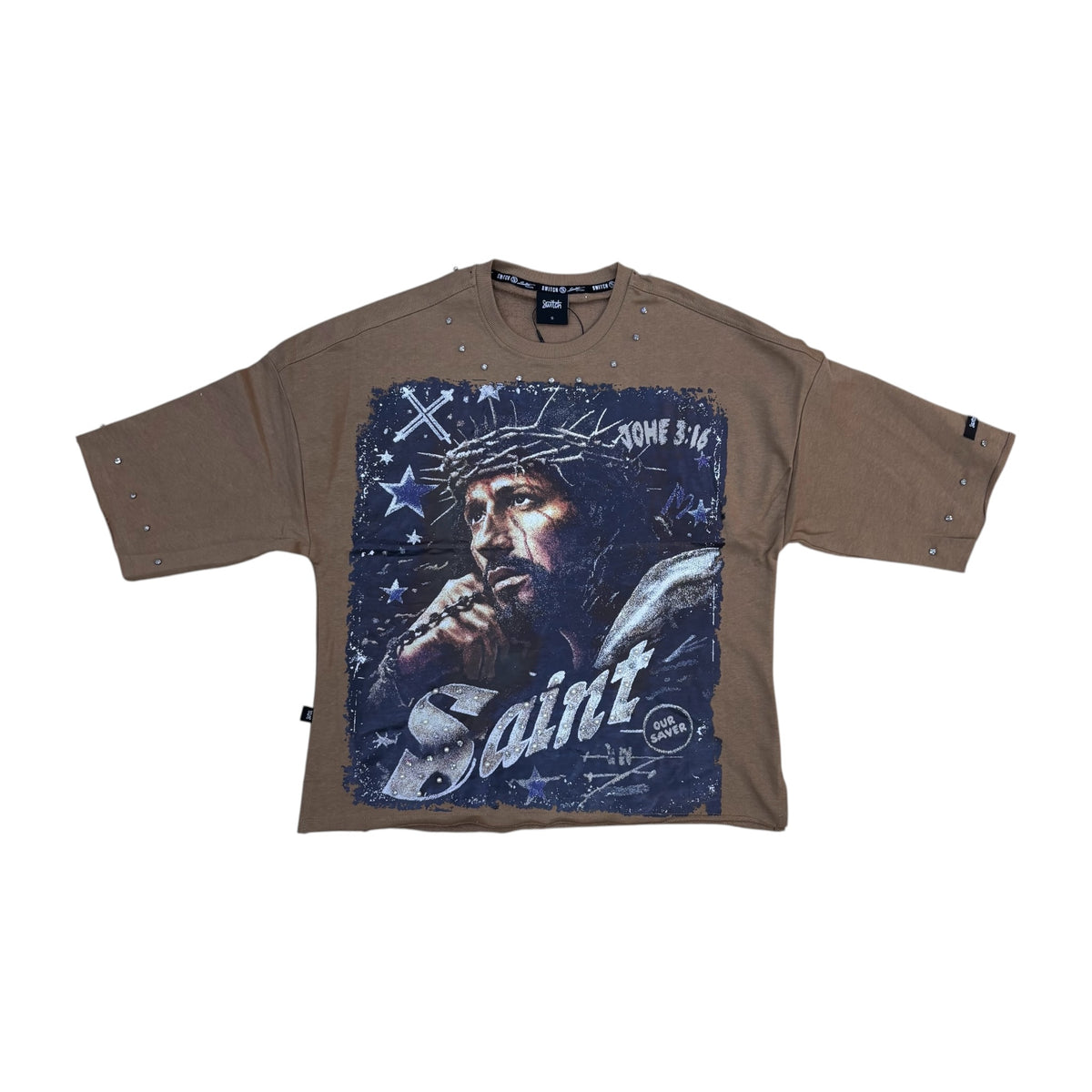 WH-SW6155 - Saint with Studs Cropped Top Graphic T-Shirt