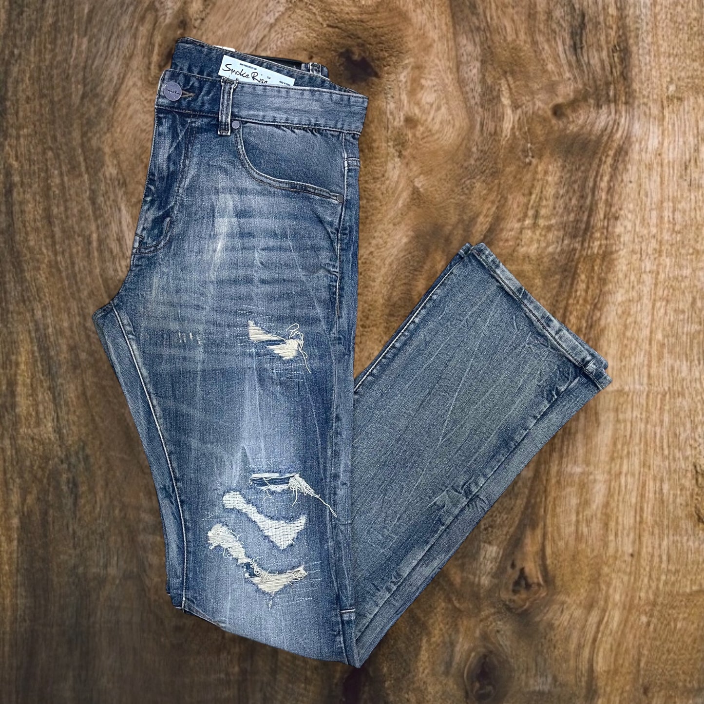 JP24702 - Ripped Vintage Washed Stacked Flare Jeans (Topaz Blue)