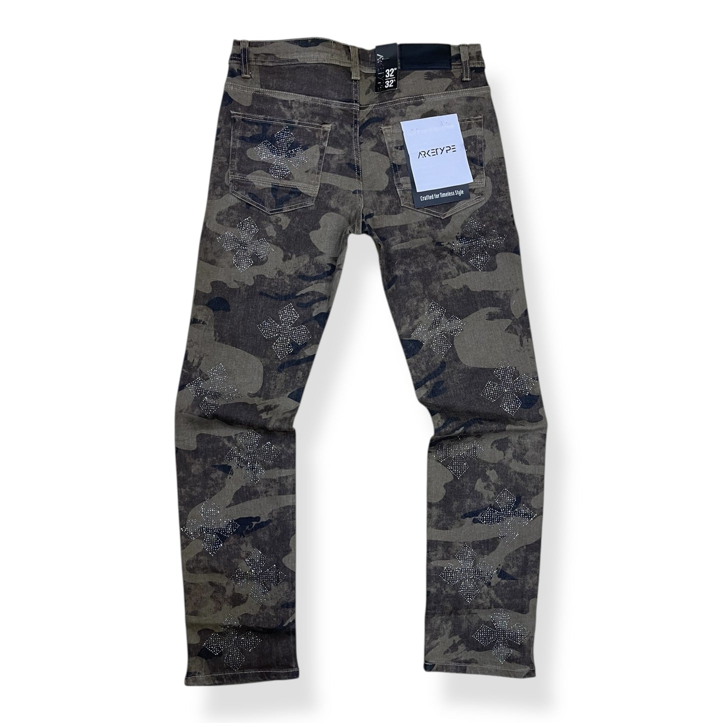 P553 - Cross Pattern Rhinestone Slim Straight-Fit Stretch Jeans