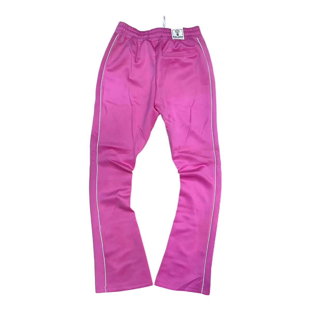 Pink Rebel Minds track pants with white side stripes and drawstring waistband.