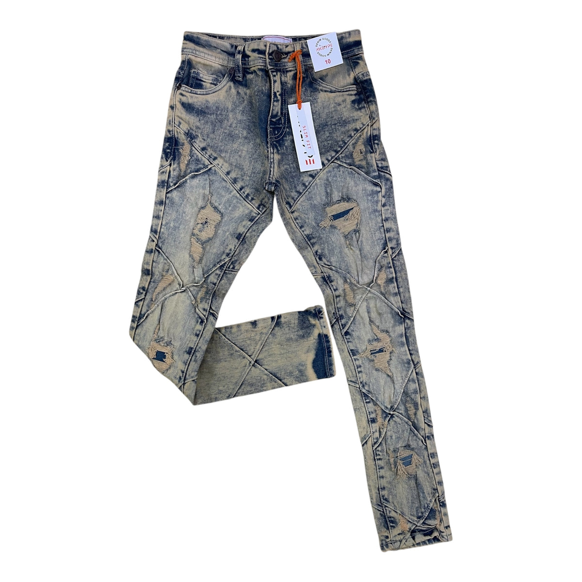 P507K - Boy's/Kids Pleated Edge Ripped Slim-Fit Stretch Jeans