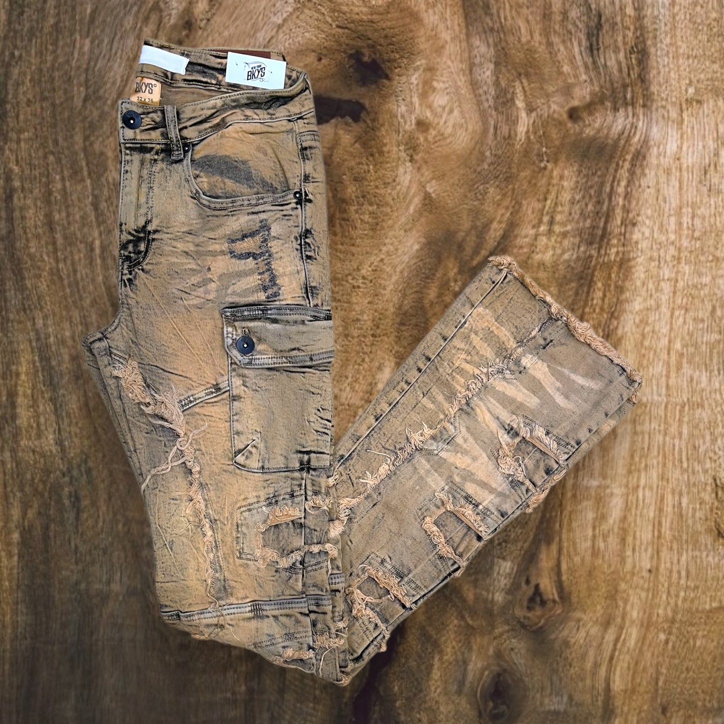 P232 - Color Washed Denim Stacked Flare Pants (Khaki)