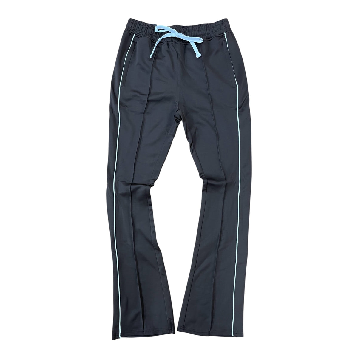 Rebel Minds black track pants with light blue side stripes and drawstring waist.