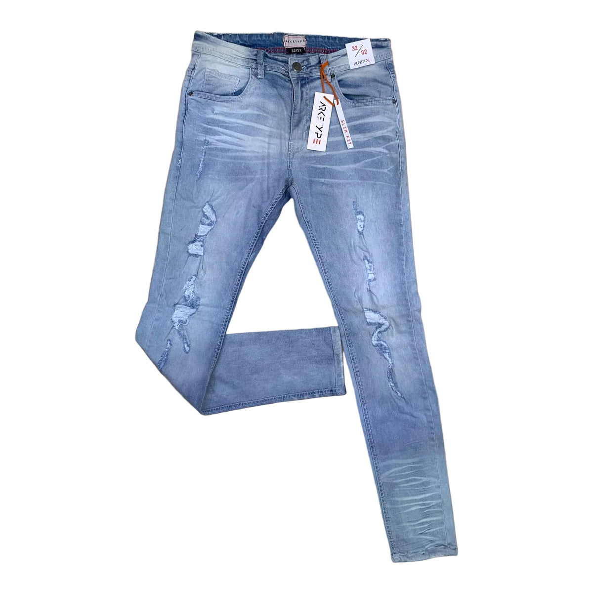 Arketype Core Ripped Slim-Fit Stretch Jeans in light blue denim.