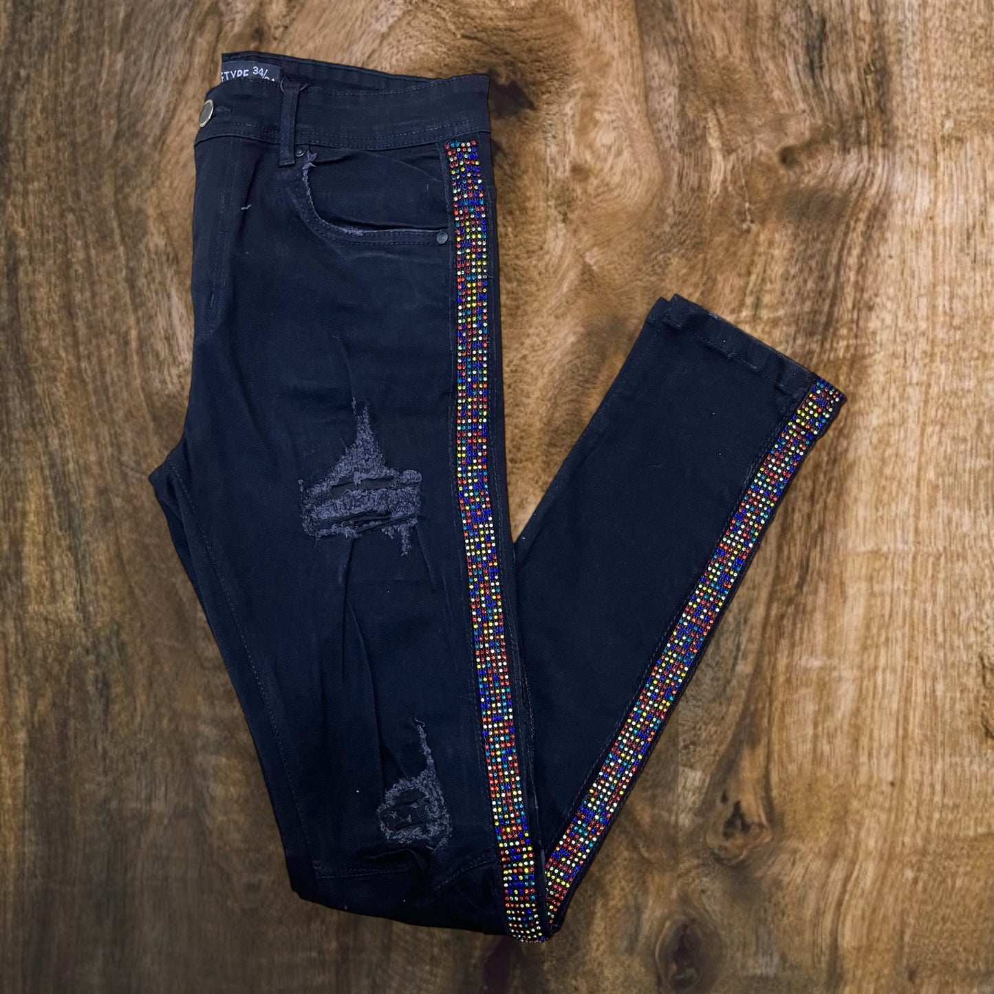P2126 - Rip N Repair with Side Multi-Color Rhinestones Slim-Fit Stretch Jeans