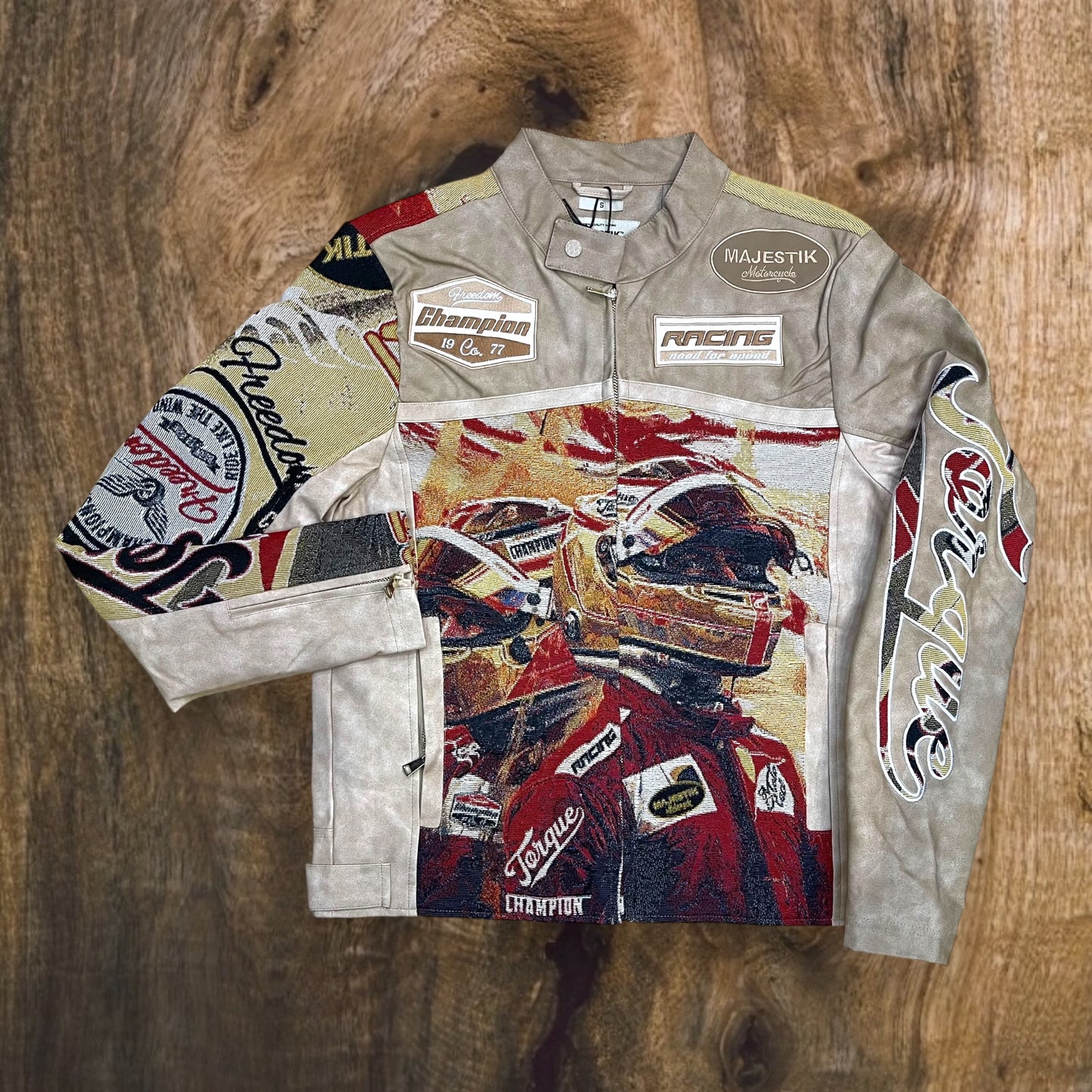 JJ2451 - Men's Tapestry Mixed Moto Racing Jacket (Beige)