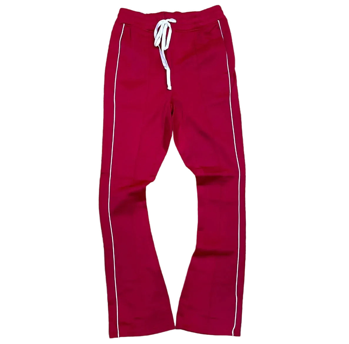 Rebel Minds / Ringspun red track pants with white side stripes and drawstring waist.