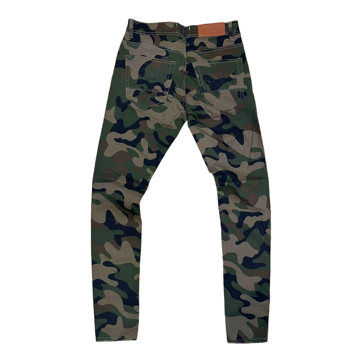 Rear view of Arketype slim-fit stretch jeans in a green and brown camouflage pattern.