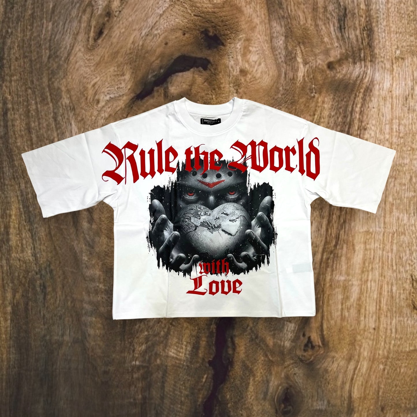 RK1481600 - Rule the World Cropped Drop Shoulder Graphic T-Shirt (White)