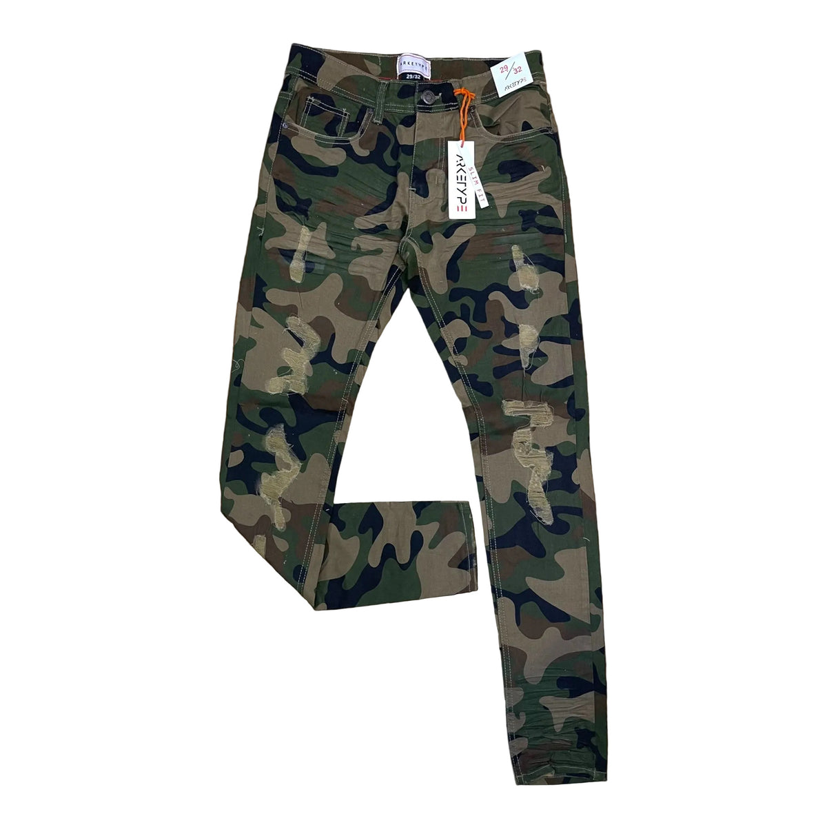 Arketype Core ripped slim-fit stretch jeans in a green camouflage pattern
