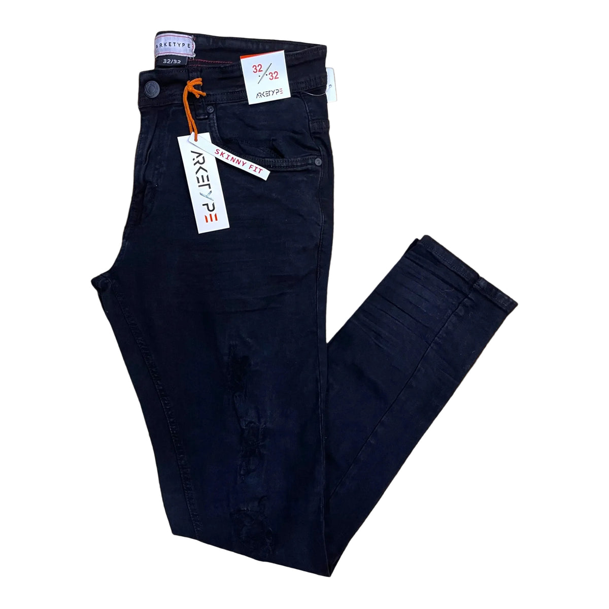 Arketype Core Ripped Slim-Fit Stretch Jeans in black with skinny fit tag