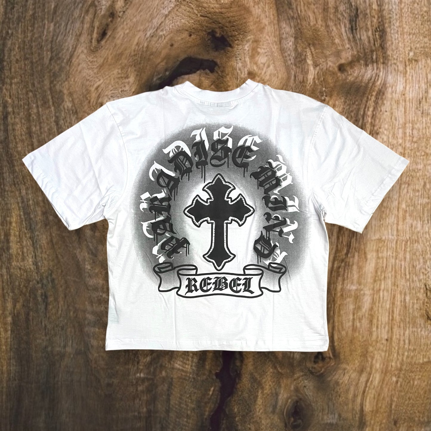 152-118 - REBEL CROSS Rhinestones Cropped Graphic T-Shirt
