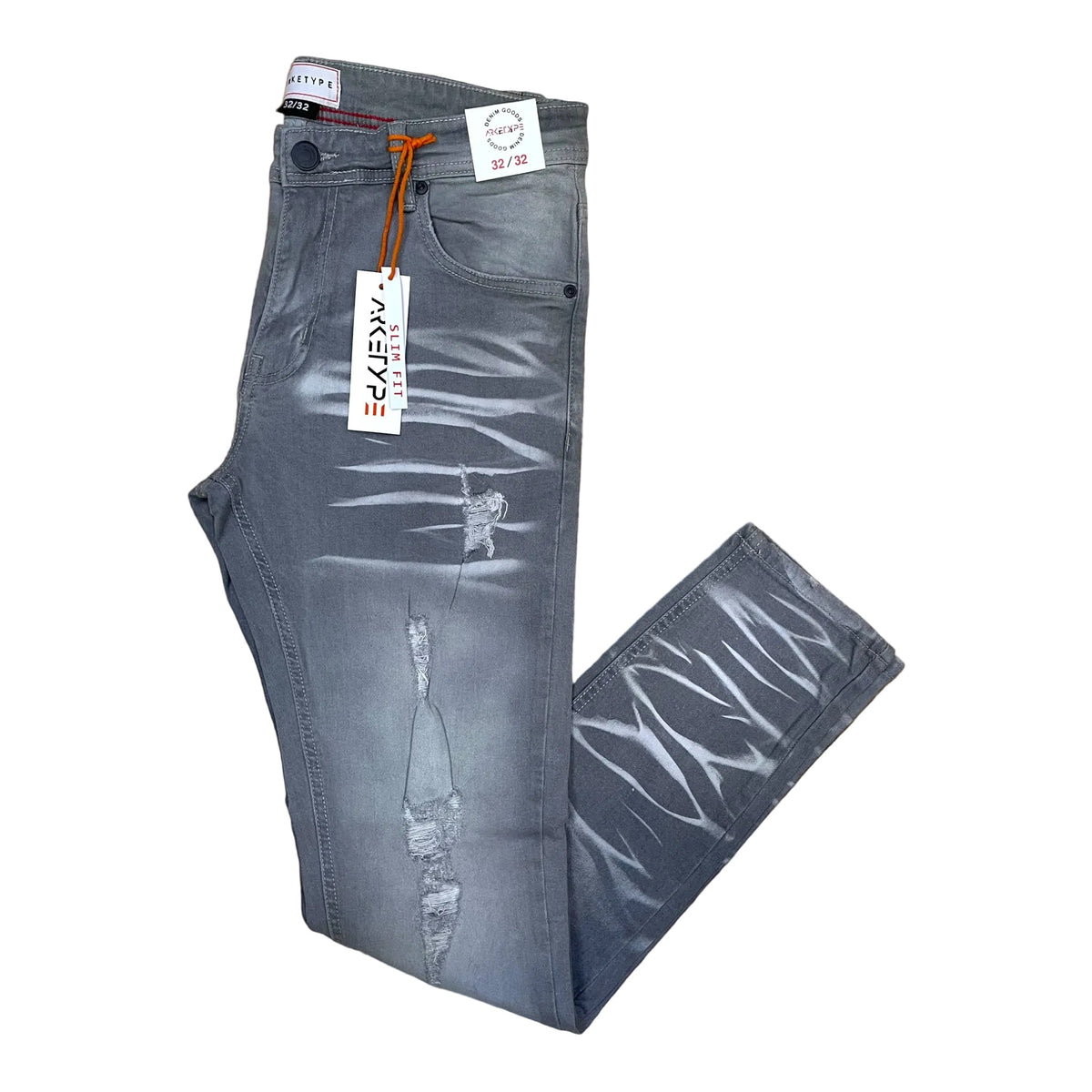 Arketype grey slim-fit stretch jeans with ripped details and distressed fading.