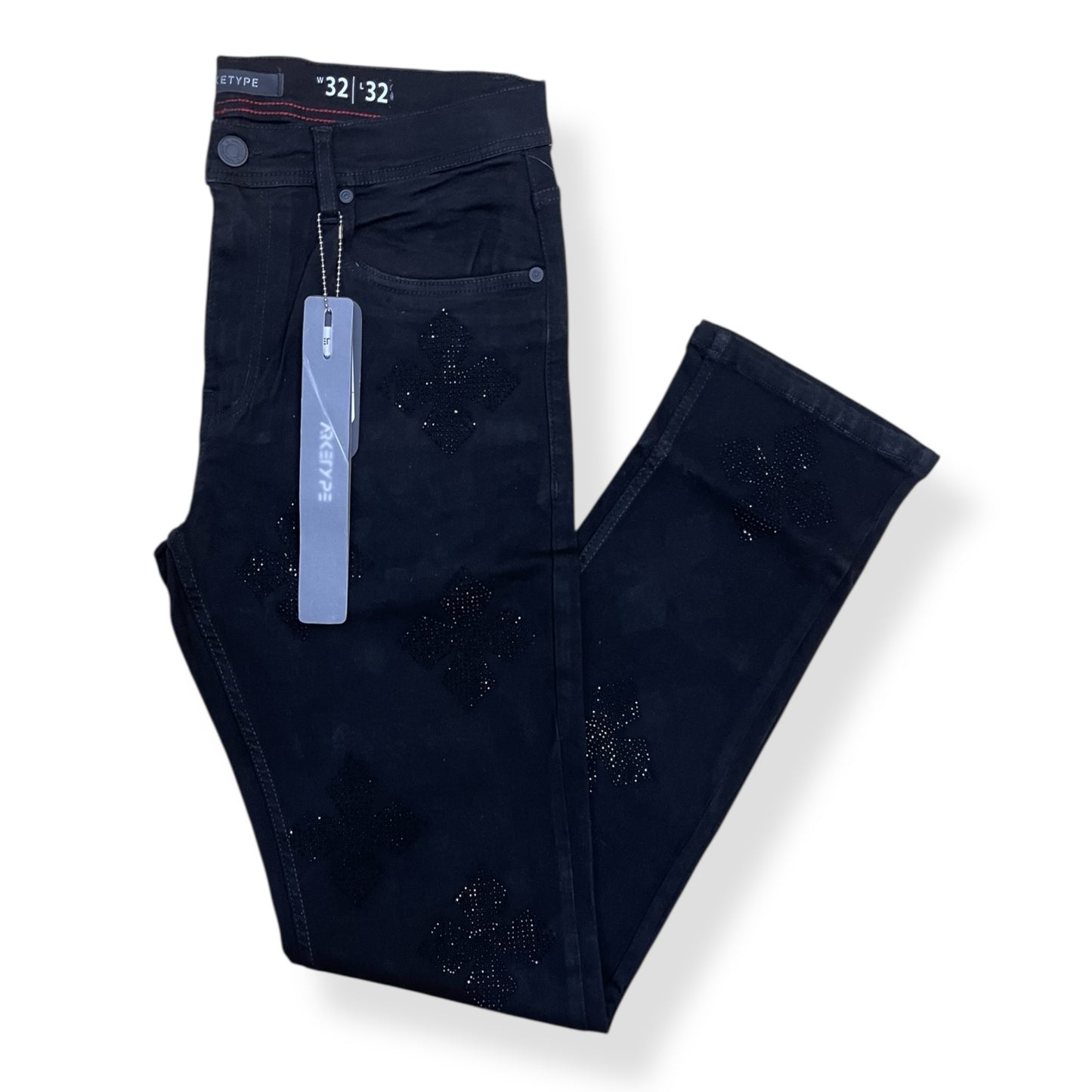 P553 - Cross Pattern Rhinestone Slim Straight-Fit Stretch Jeans
