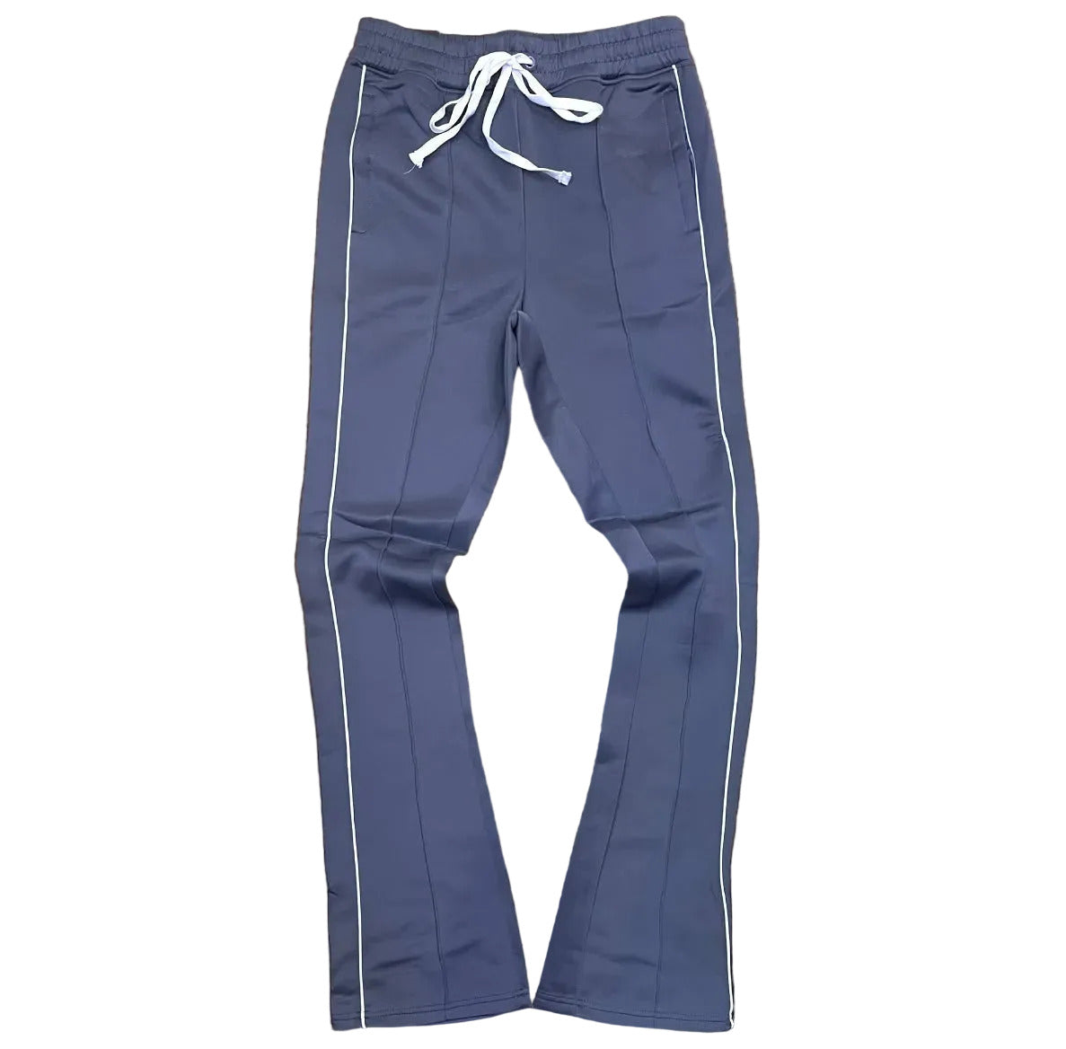 Rebel Minds blue stacked fit track pants with white side stripes and drawstring waist.